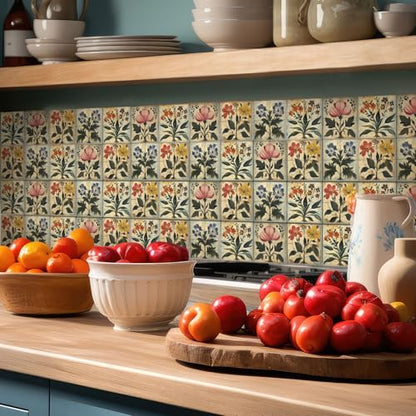 Faccito 24 Pcs Boho Flower 4x4 Tile Stickers Peel Stick Wall - style: Boho Flower