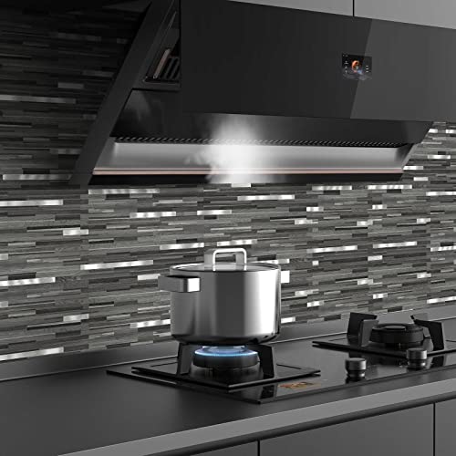 Midcard 10 Sheets Peel and Stick Backsplash PVC Wall Tile,for Kitchen Backsplash - color: Rectangular Black Grey Wood with Metal Silver
