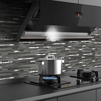 Midcard 10 Sheets Peel and Stick Backsplash PVC Wall Tile,for Kitchen Backsplash - color: Rectangular Black Grey Wood with Metal Silver