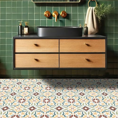 HOMETITUTE Floral Medallion Pattern 12x12 Inch Peel Stick Vinyl Tile - color: Multicolor With Earthy Tones