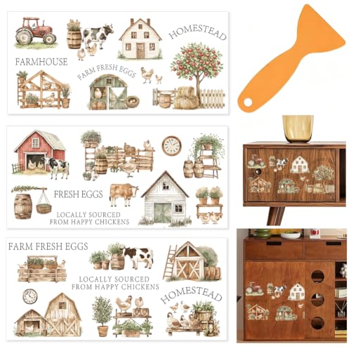 3 Sheets Farmhouse Rub on Transfers for Furniture Craft Decor 6 x 12 Inch Furniture Transfers Decals Rustic Animals PVC Waterproof Decorative Stickers for Glass Wood Plastic Home Decor - color: Farmhouse