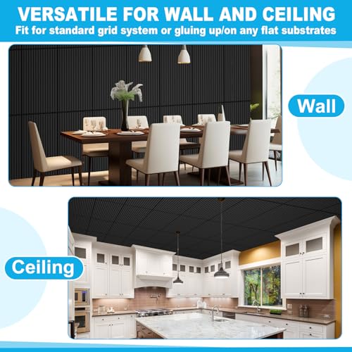 Nuanchu 18 Pack 4x2 FT 3D Slat Wall Panels Large PVC Fluted Panel Decorative Cuttable Glue up Drop Ceiling Tiles for Interior Wall Art Living Room Bedroom Bathroom TV Background Studio(Black)