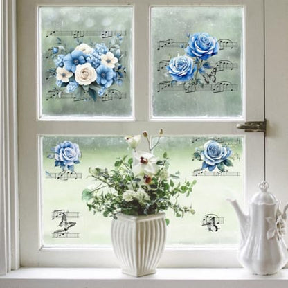 Peacoblue Flowers Music Notes Rub On Transfers for Furniture 6"x12" - style: Blue Flowers and Music Notation