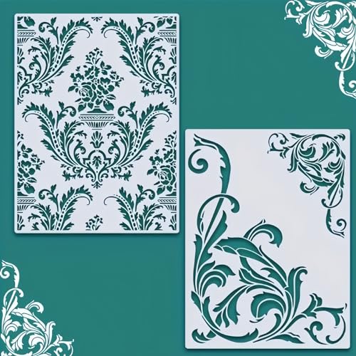 2Pcs Brocade Floral Wall Stencils Template Reusable Spray PaintStencils for Craft Painting on Wood Craft Canvas Walls Wood Furniture Decorations DIY Scrapbooking, kbatuo-001