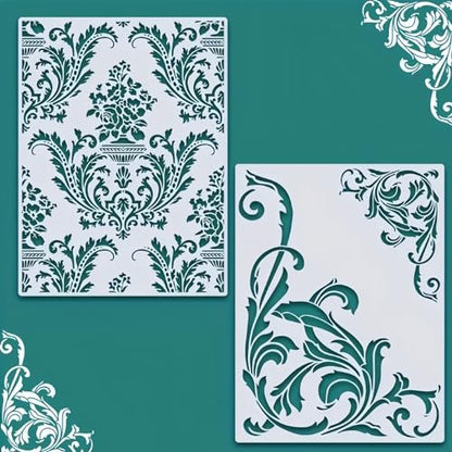 2Pcs Brocade Floral Wall Stencils Template Reusable Spray PaintStencils for Craft Painting on Wood Craft Canvas Walls Wood Furniture Decorations DIY Scrapbooking, kbatuo-001