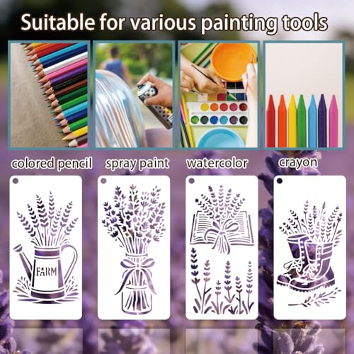 12 Sheets Lavender Stencil for Painting, Vase Bicycle Water Bottle Book Flower Silhouette Drawing Stencil Reusable Plastic Wall Stencils Template for Painting on Wall Wood Home Decor - style: Lavender