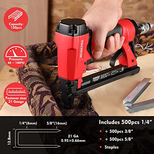 WORKPRO 8016 Pneumatic Staple Gun, 21 Gauge Upholstery Stapler with 1500pcs Staples 1/4" to 5/8", Air-Powered, Rear Exhaust, for Carpentry, Woodworking and DIY Projects - size: 21 Gauge Standard