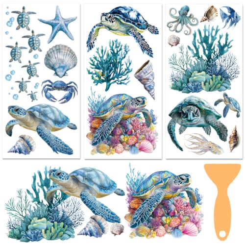 3 Sheets Sea Rub on Transfer Stickers for Furniture and Crafts Sea Turtles Wall Stickers Waterproof Transfer Decals Sticker Marine Animal Transfer Sticker for Dresser Glass Wood 6"x12" - color: Summer Pattern A