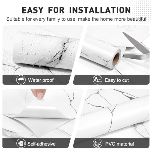 Glossy White Silver Marble Contact Paper 23.6" x 472" Peel and Stick Wallpaper - color: White/Silver, size: 23.6" x 472"