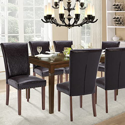 Parsons Dining Chairs Set of 6, Upholstered Nailhead PU Leather Dining Room Kitchen Side Chair with Thick Cushions and Wood Legs, Dark Brown - color: Dark Brown, size: set of 6