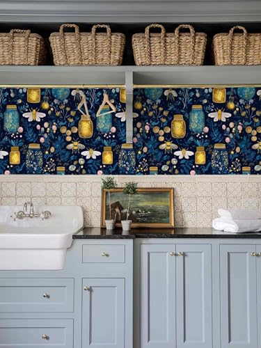 Enchanted Firefly Jar Peel and Stick Wallpaper, Night Botanical Wallpaper - color: ML-M036, size: 17.7" x 236"
