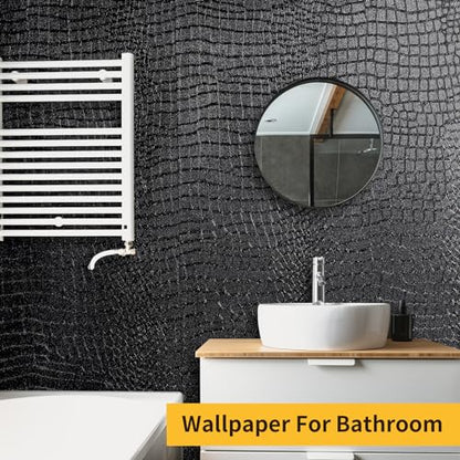 Black Peel and Stick Wallpaper Crocodile 15.7'' X 394'' Self Adhesive - color: Black Crocodile, size: 15.7" x 394"
