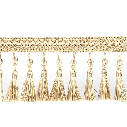 6.5 Yard Beads Tassel Handmade Fringe Trim Ribbon Trimming, 11Cm/4.3Inch Diameter Hand Knitting Tassel Fringing Trimmings for Decor, DIY - color: mix beige