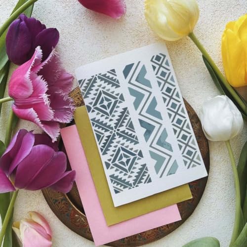 FINGERINSPIRE 12Pcs Geometric Painting Stencils 9.84x7.87inch with Paintbrush Reusable Texture Art Stencils Geometric Plastic Hollow Out Templates for Wood Furniture Canvas Scrapbook