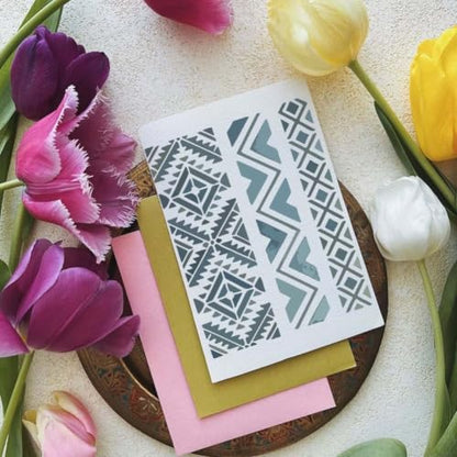 FINGERINSPIRE 12Pcs Geometric Painting Stencils 9.84x7.87inch with Paintbrush Reusable Texture Art Stencils Geometric Plastic Hollow Out Templates for Wood Furniture Canvas Scrapbook