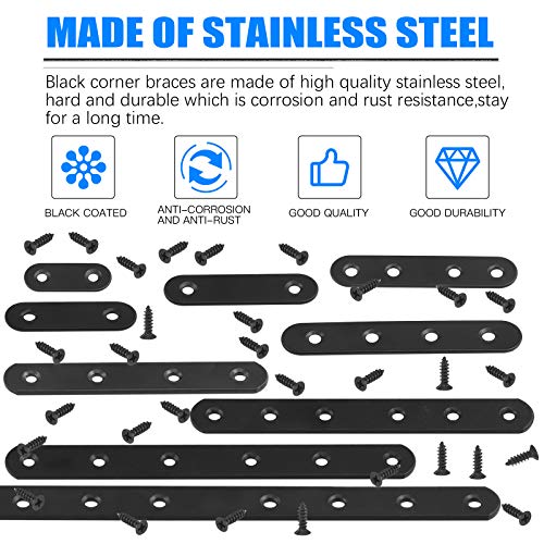 Glarks 20 Sets 80mm Flat Straight Corner Brace Black Metal Joint Plate Connector Repair Fixing Bracket with 85Pcs Screws for Wood Furniture (80x2mm) - size: 80x2mm