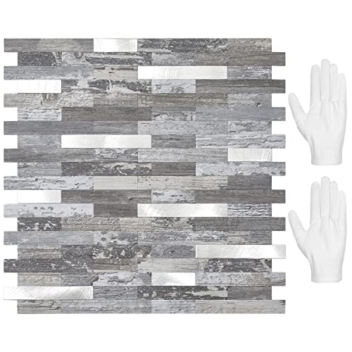 STICKGOO Peel and Stick Backsplash, PVC Wall Tiles Stick on Backsplash for Kitchen(10 Sheets, Distressed Wood with Metal Silver) - color: Distressed Wood with Metal Silver