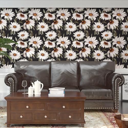 Laatse Dark Daisy Floral Peel and Stick Wallpaper 17.5" × 118", White/Black - color: Black,Green, size: 118" x 17.5"