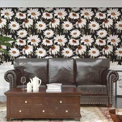 Laatse Dark Daisy Floral Peel and Stick Wallpaper 17.5" × 118", White/Black - color: Black,Green, size: 118" x 17.5"