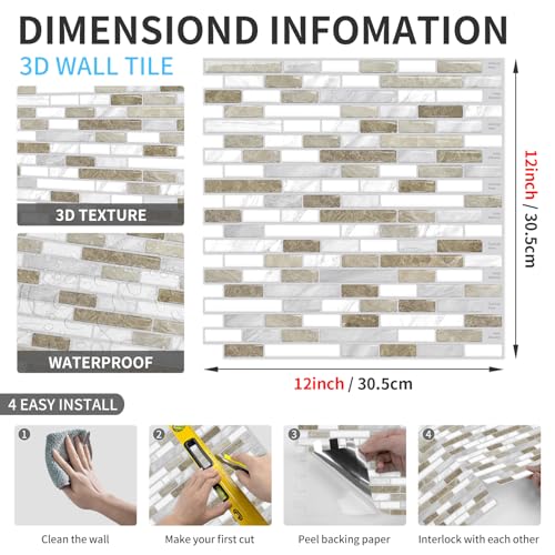 URCOLOR 10-Sheet Peel and Stick Backsplash Tile for Kitchen, 12”×12” Stick on Wall Tile for Bathroom, Beige & White - color: Beige & White