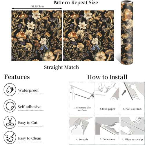 Froluya Mushroom Wallpaper Peel and Stick Dark Contact Paper 16.9” x 118.1” - color: Dark, size: 16.9" x 118.1"