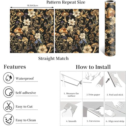 Froluya Mushroom Wallpaper Peel and Stick Dark Contact Paper 16.9” x 118.1” - color: Dark, size: 16.9" x 118.1"