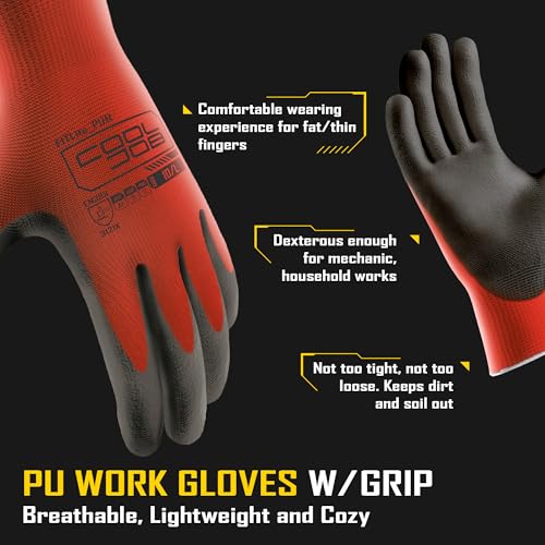 COOLJOB 12/60 Pairs Safety Work Gloves Pack Bulk with Grip PU Coating - color: Red, size: Small (Pack of 12)