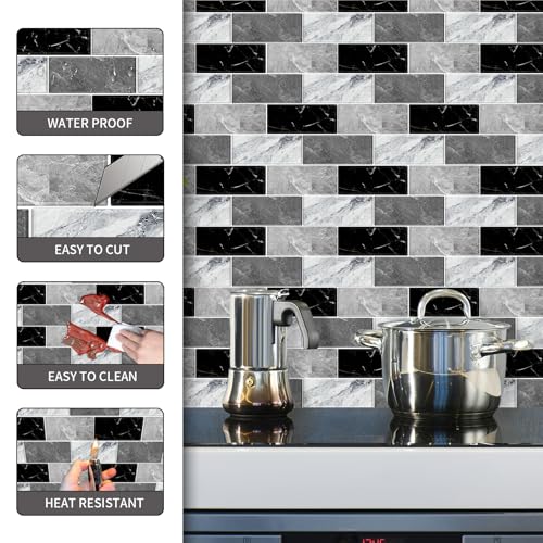10 Sheets Peel and Stick Backsplash for Kitchen 12"X12" Back Splash Adhesive Subway Wall Tile Flat Vinyl Sticker for Bathroom on Renter Friendly Marble 2-6 (Not 3D Tile) - color: Grey Marble