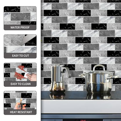 10 Sheets Peel and Stick Backsplash for Kitchen 12"X12" Back Splash Adhesive Subway Wall Tile Flat Vinyl Sticker for Bathroom on Renter Friendly Marble 2-6 (Not 3D Tile) - color: Grey Marble