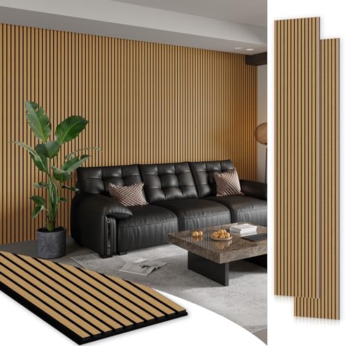 SMARTSTANDARD 2 Pack 106" x 12.6" Wood Slat Wall Panels, American Oak - color: American Oak, size: 106" x 25.2"