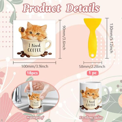 Peacoblue 18 Sheets Rub on Transfers for Crafts, Cat with Coffee Cup 3.6"x3.9" UV DTF Cup Wraps Waterproof Cold Transfers Stickers for Wood Glass Metal Cup Tumblers Mirrors Mugs Home Decor - style: Cat with Coffee Cup