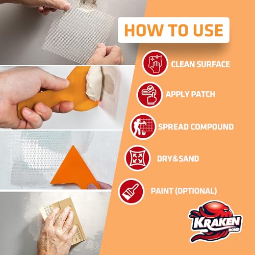 Kraken Bond Drywall Patch Repair Kit - (1x8 fl.oz.) Easy to Use Wall Patch Repair Kit for Drywall Hole & Cracks, Includes Aluminum Self-Adhesive Patch, Grit Sandpaper, Plastic Putty Knife, 1 Pack