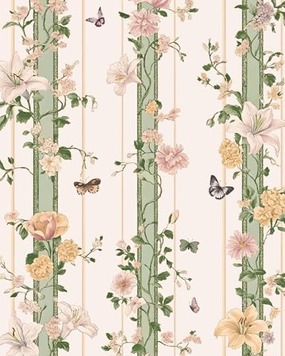 BOKEBEVE Boho Floral Peel and Stick Wallpaper Beige Pink 17.5 x 118In - color: Beige/Pink, size: 17.5" x 118"