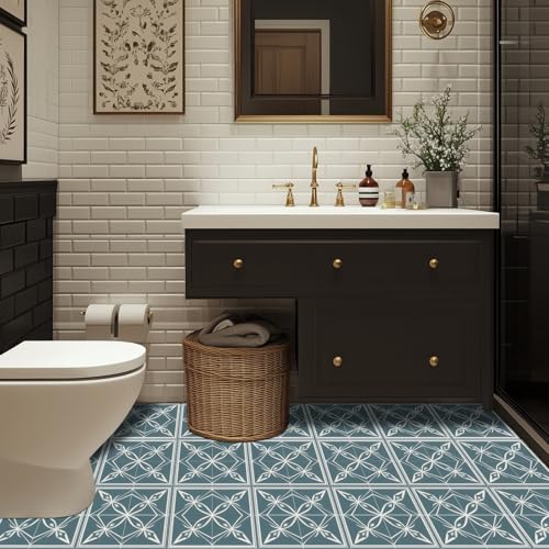 HOMETITUTE Nordic Blue Floral Silhouette Floor 12in Vinyl Tile - color: Blue