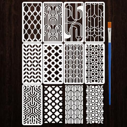 FINGERINSPIRE 9Pcs Geometric Painting Stencils with a Brush 11.8x5.9Inch Infinitely Interlocking Patterns Stencils Pattern Themes PET Template for Wood Floor Tile Wall Fabric Furniture DIY