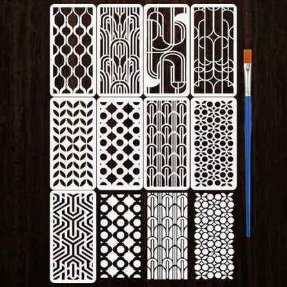 FINGERINSPIRE 9Pcs Geometric Painting Stencils with a Brush 11.8x5.9Inch Infinitely Interlocking Patterns Stencils Pattern Themes PET Template for Wood Floor Tile Wall Fabric Furniture DIY