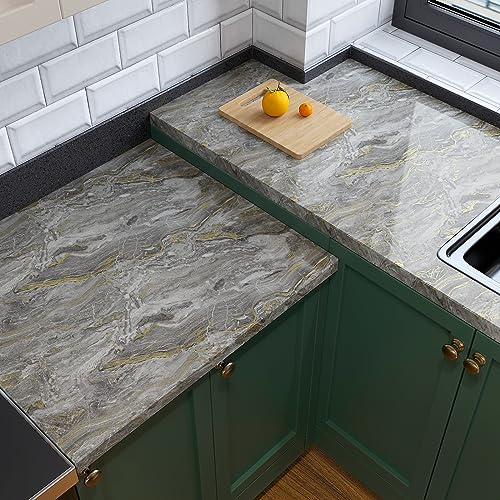 VaryPaper 15.7''x78.7'' Glossy Marble Countertop Contact Paper Waterproof Marble Wallpaper Peel and Stick Counter Top Covers Removable Self Adhesive Granite Vinyl Wrap for Kitchen Cabinets Desk Table - color: Glossy-Grey Gold, size: 15.7" x 78.7"