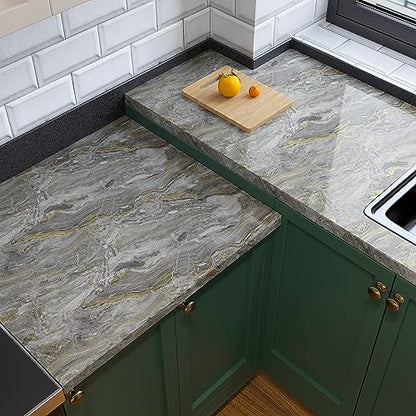 VaryPaper 15.7''x78.7'' Glossy Marble Countertop Contact Paper Waterproof Marble Wallpaper Peel and Stick Counter Top Covers Removable Self Adhesive Granite Vinyl Wrap for Kitchen Cabinets Desk Table - color: Glossy-Grey Gold, size: 15.7" x 78.7"