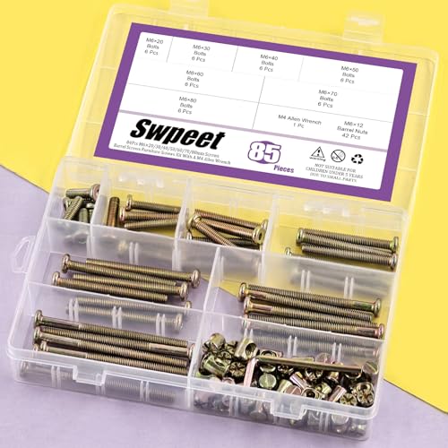Swpeet 85Pcs M6 20/30/40/50/60/70/80mm Colored Zinc Screws Kit, Hex Socket Head Cap Crib Baby Bed Bolt and Barrel Nuts with 1Pc Allen Wrench Perfect for Furniture, Cots, Hardware Crib Screws
