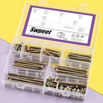 Swpeet 85Pcs M6 20/30/40/50/60/70/80mm Colored Zinc Screws Kit, Hex Socket Head Cap Crib Baby Bed Bolt and Barrel Nuts with 1Pc Allen Wrench Perfect for Furniture, Cots, Hardware Crib Screws