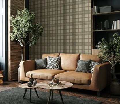 NextWall Harry & Grace Herringbone Plaid Premium Matte Non-Woven Peel and Stick Wallpaper (Clay & Sage) - color: Clay & Sage