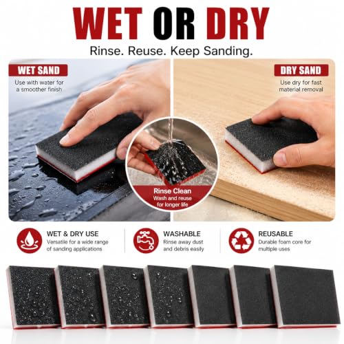 wuyaoyao Sanding Sponge Kit, 30PCS Wet Dry Sanding Sponges, 14 Grit Levels (80-3000), Double-Sided Aluminum Oxide, Reusable for Wood, Drywall, Metal, Paint Prep & Automotive