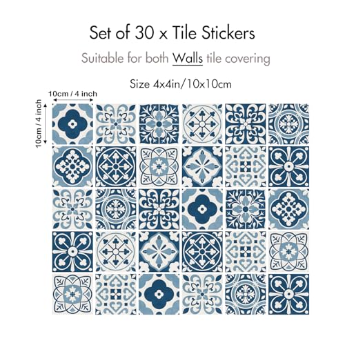 30 Pack Blue and White Peel and Stick Backsplash, 4x4 Inch Mediterranean Tile Stickers, Waterproof Vinyl Wall Decals for Kitchen & Bathroom