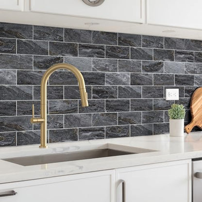 StyloVue 100 Pieces Peel and Stick Backsplash for Kitchen, 3" x 6" PVC Subway Tile 2026 Upgraded Gray-Gold Stone Backsplash Stick on Tile Elevate Kitchen Fireplace RV - color: Gray-Gold Stone