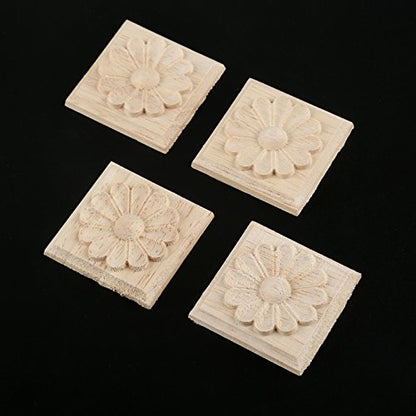 4Pcs Wood Carved Appliques Onlays, Square Carving Decals for Furniture - size: 3.94 x 3.94 inches