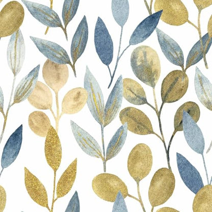 Blue and Gold Leaf Peel and Stick Wallpaper 17.7" x 212.6" - color: Blue/Gold, size: 17.7" x 212.6"