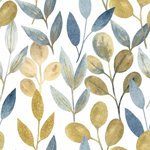 Blue and Gold Leaf Peel and Stick Wallpaper 17.7" x 124" - color: Blue/Gold, size: 17.7" x 124"