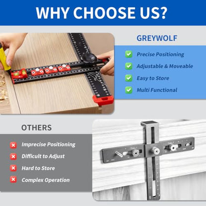 4-in-1 Drilling Positioning Ruler, Multi-Function T-Square，Adjustable 14 inches/35 cm, Woodworking Marking Tool, Cabinet Hole Drilling Template for Precise Drilling Angle Measurement and Marking
