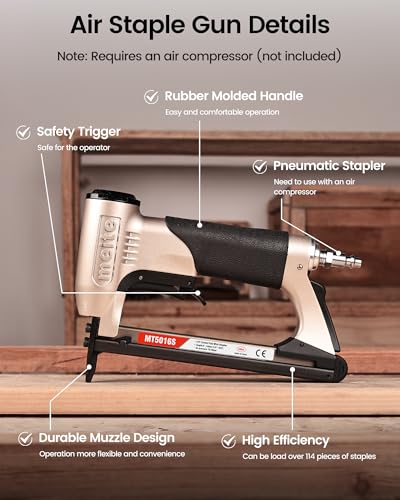 meite Upholstery Stapler with Safety Trigger, for 20 Gauge 1/2-Inch Crown Staples, Heavy-Duty Pneumatic Staple Gun for Woodworking, Professional and DIY Projects (Model MT5016S)