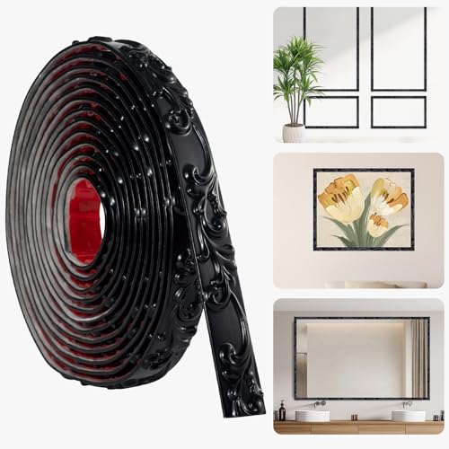 16.4FT x 1.02'' Black Peel and Stick Crown Molding Trim – Self-Adhesive Mirror Border & Cabinet Edge, Flexible Decorative Trim for Interior Use - color: Black